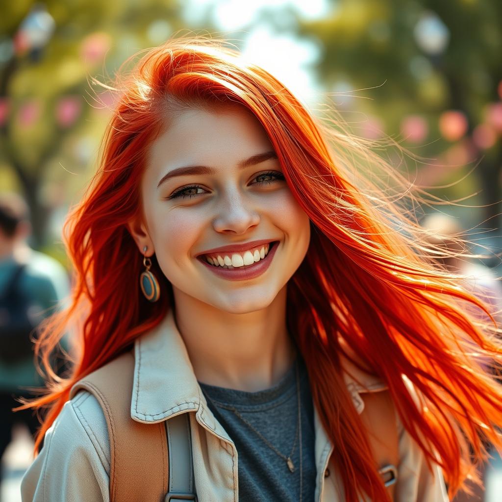 A vibrant and lively image featuring a teenage girl with striking red hair