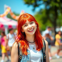 A vibrant and lively image featuring a teenage girl with striking red hair