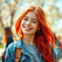 A vibrant and lively image featuring a teenage girl with striking red hair