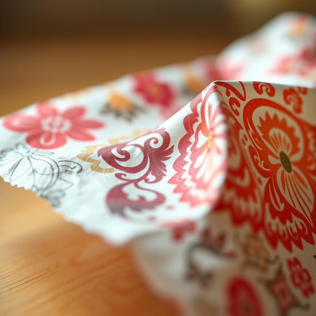 A beautiful close-up of a paper tissue with intricate printed designs on it, showcasing vibrant colors and unique patterns