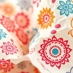 A beautiful close-up of a paper tissue with intricate printed designs on it, showcasing vibrant colors and unique patterns