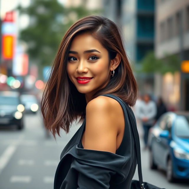 A confident and stylish young woman with shoulder-length hair, showcasing her fashionable outfit in an urban environment