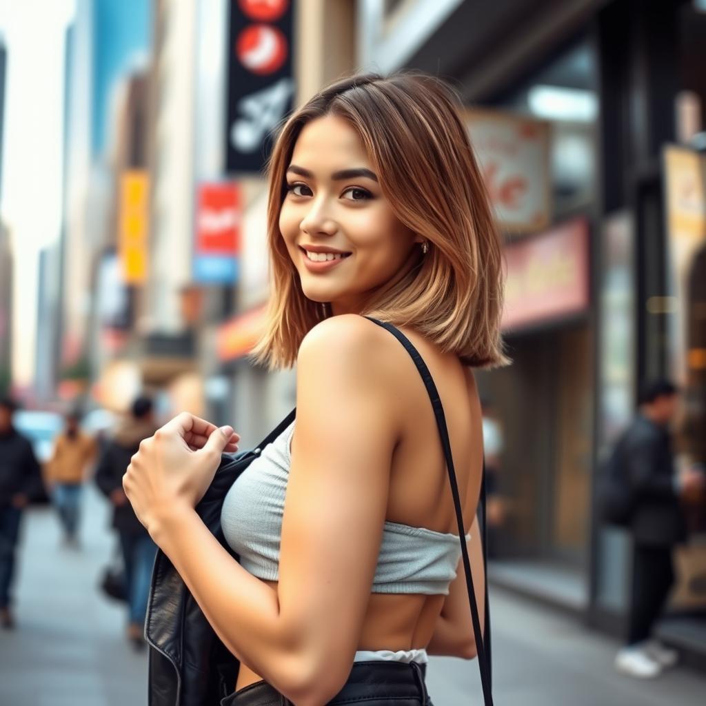 A confident and stylish young woman with shoulder-length hair, showcasing her fashionable outfit in an urban environment