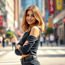 A confident and stylish young woman with shoulder-length hair, showcasing her fashionable outfit in an urban environment