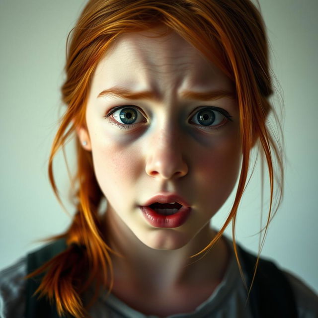 A poignant portrait of a teenage girl with striking red hair, captured at a moment of fear