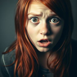 A poignant portrait of a teenage girl with striking red hair, captured at a moment of fear