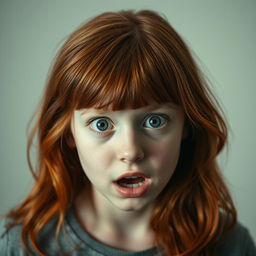 A poignant portrait of a teenage girl with striking red hair, captured at a moment of fear