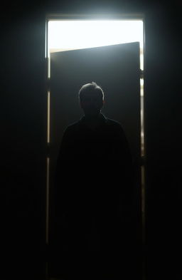 A silhouette of a man standing in the threshold of a slightly ajar door, displaying an expression of confusion and determination, reminiscent of the protagonist Rick in his crucial moment