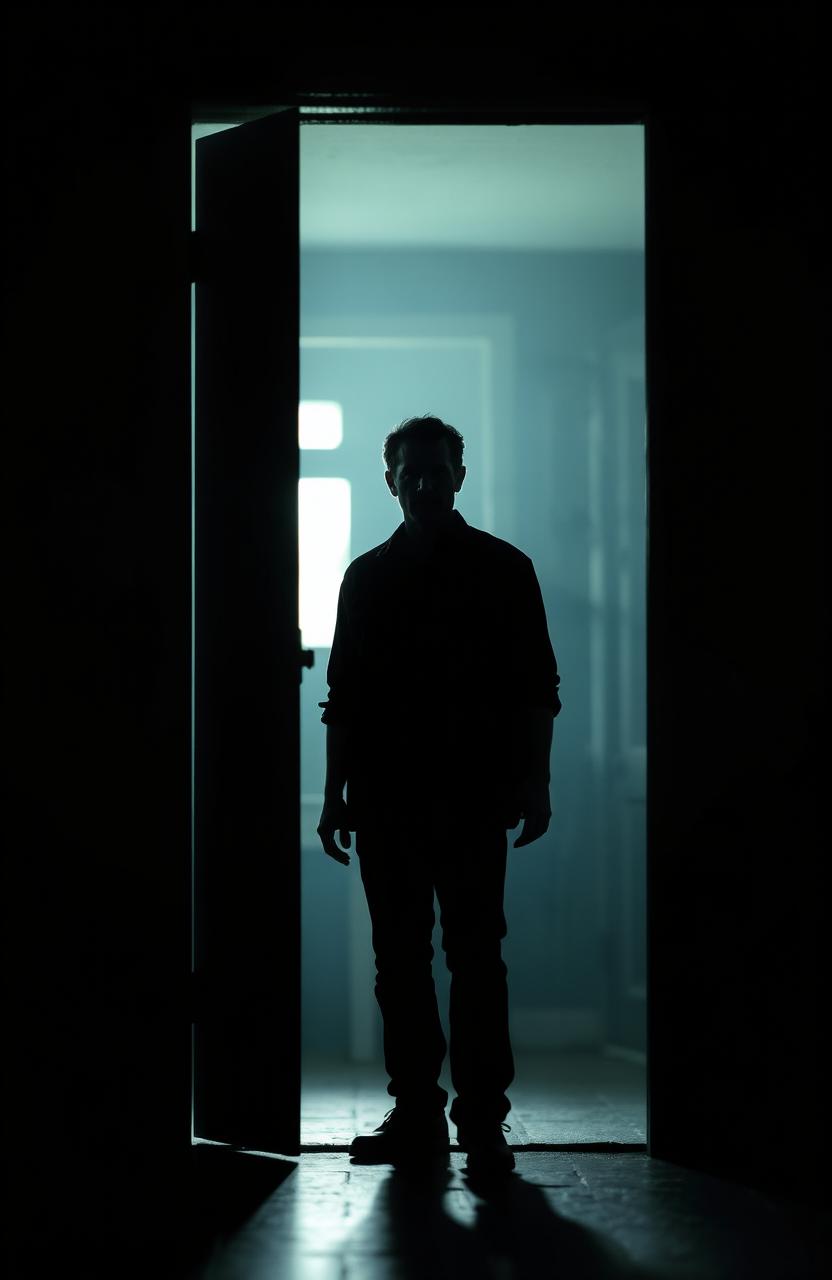 A silhouette of a man standing in the threshold of a slightly ajar door, displaying an expression of confusion and determination, reminiscent of the protagonist Rick in his crucial moment