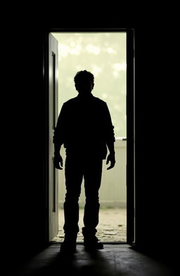 A silhouette of a man standing in the threshold of a slightly ajar door, displaying an expression of confusion and determination, reminiscent of the protagonist Rick in his crucial moment