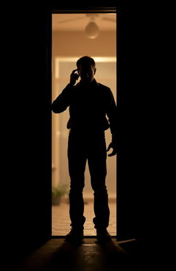 A silhouette of a man standing in the threshold of a slightly ajar door, displaying an expression of confusion and determination, reminiscent of the protagonist Rick in his crucial moment