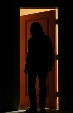 A silhouette of a man at the threshold of a slightly ajar door, capturing a moment of confusion and determination