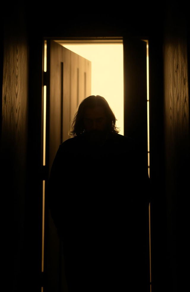 A silhouette of a man at the threshold of a slightly ajar door, capturing a moment of confusion and determination