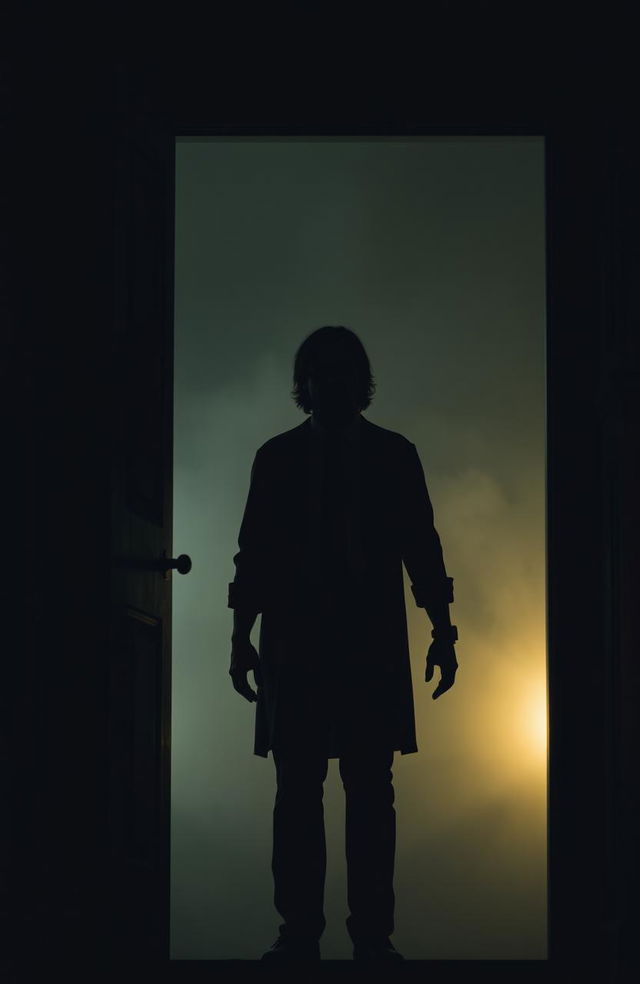 A silhouette of a man standing in the threshold of a slightly open door, embodying a moment of confusion and determination