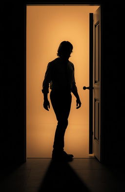 A silhouette of a man standing in the threshold of a slightly open door, embodying a moment of confusion and determination
