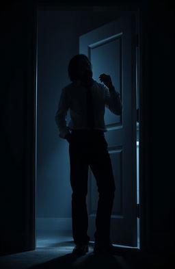 A silhouette of a man standing in the threshold of a slightly open door, embodying a moment of confusion and determination