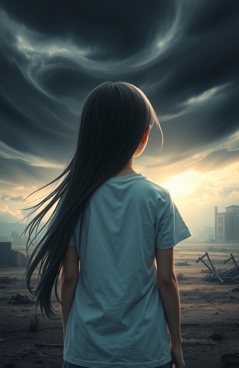 A poignant scene depicting a girl's back with long flowing hair, dressed in a simple white t-shirt