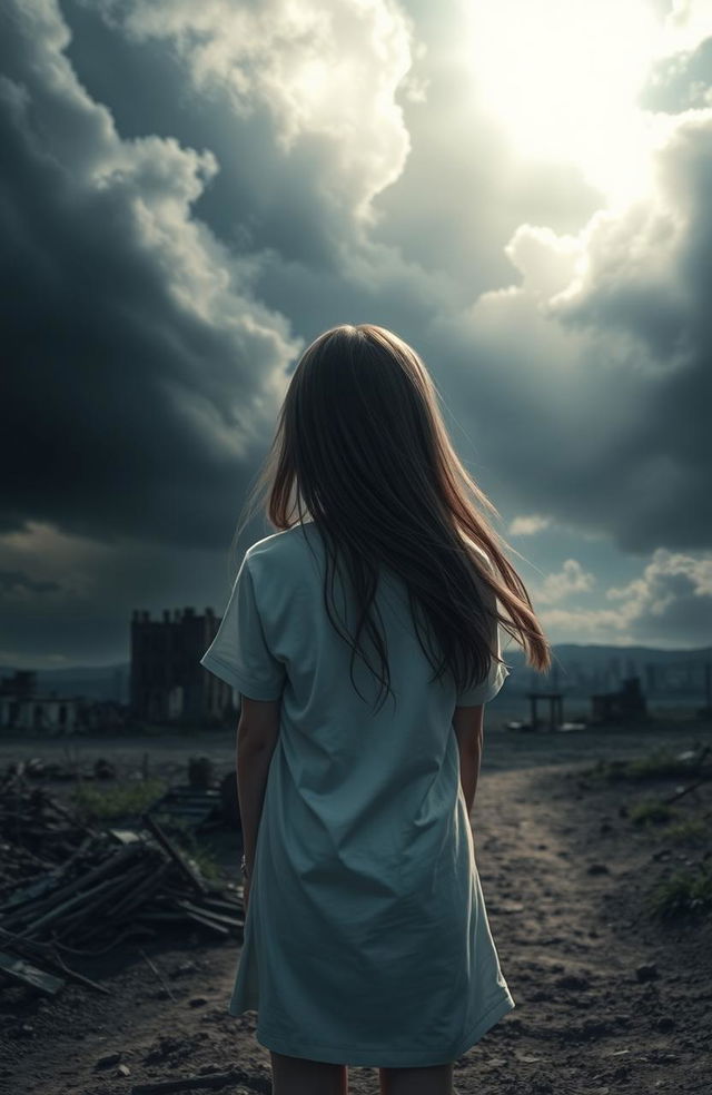 A poignant scene depicting a girl's back with long flowing hair, dressed in a simple white t-shirt