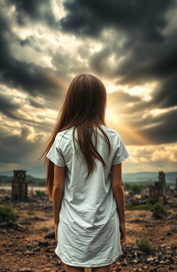 A poignant scene depicting a girl's back with long flowing hair, dressed in a simple white t-shirt