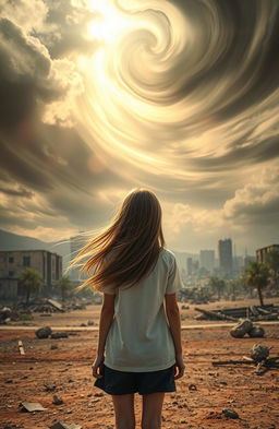A poignant scene depicting a girl's back with long flowing hair, dressed in a simple white t-shirt
