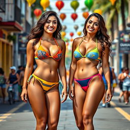 Two Colombian women standing side by side on a vibrant Brazilian street, wearing colorful bikinis that showcase their athletic figures