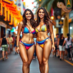 Two Arabian women standing side by side on a lively Brazilian street, wearing colorful bikinis that highlight their athletic full bodies