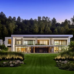 A luxurious modern mansion, showcasing state-of-the-art design elements, floor-to-ceiling windows, and sleek shapes, nestled amidst lush landscapes.