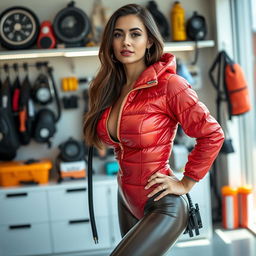 A gorgeous slim woman with prominent curves, dressed in a shiny red puffy cold water immersion suit that highlights her voluptuous bust