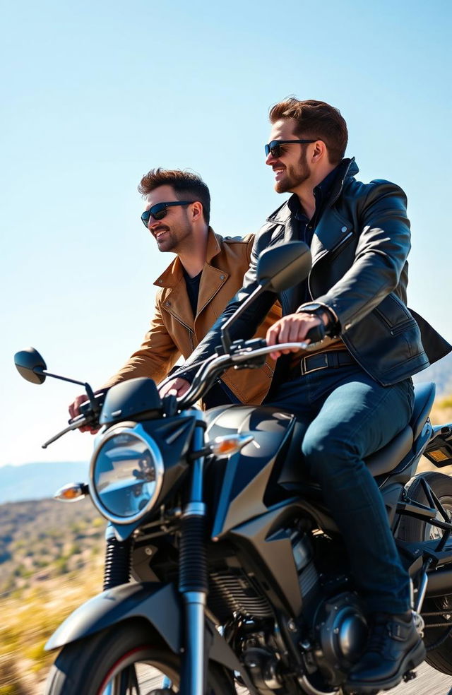 A stylish and affluent biker couple featuring two male actors: Froy Gutierrez and a charismatic actor from France, elegantly dressed in fashionable biker attire, riding a sleek motorcycle through a scenic landscape