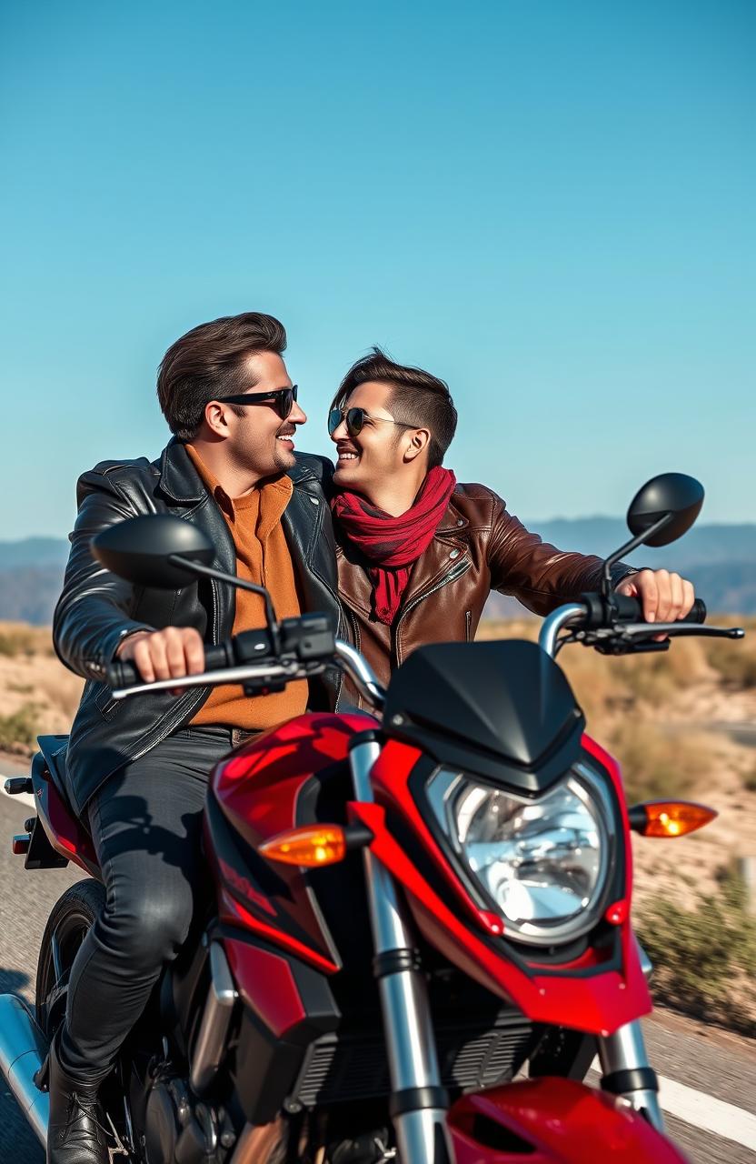 A stylish and affluent biker couple featuring two male actors: Froy Gutierrez and a charismatic actor from France, elegantly dressed in fashionable biker attire, riding a sleek motorcycle through a scenic landscape