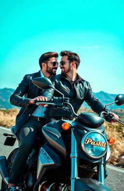 A stylish and affluent biker couple featuring two male actors: Froy Gutierrez and a charismatic actor from France, elegantly dressed in fashionable biker attire, riding a sleek motorcycle through a scenic landscape
