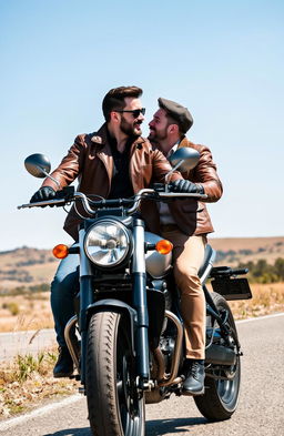 A stylish and affluent biker couple featuring two male actors: Froy Gutierrez and a charismatic actor from France, elegantly dressed in fashionable biker attire, riding a sleek motorcycle through a scenic landscape