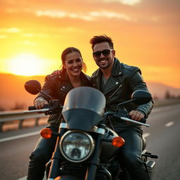 A glamorous and wealthy biker couple featuring Froy Gutierrez alongside a stylish French actor, both dressed in high-end biker outfits that reflect their luxurious lifestyle