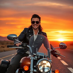 A glamorous and wealthy biker couple featuring Froy Gutierrez alongside a stylish French actor, both dressed in high-end biker outfits that reflect their luxurious lifestyle