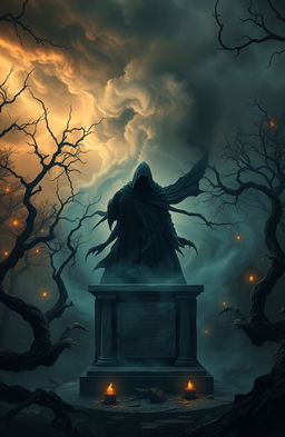 A mystical scene depicting the emergence of dark forces as a mysterious figure cloaked in shadow rises from an ancient stone altar in a dense, foggy forest
