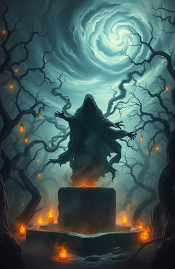 A mystical scene depicting the emergence of dark forces as a mysterious figure cloaked in shadow rises from an ancient stone altar in a dense, foggy forest