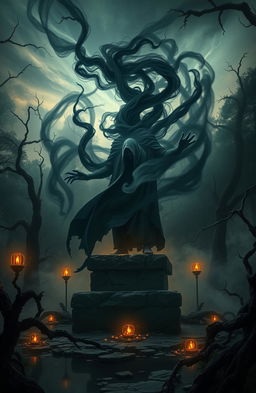 A mystical scene depicting the emergence of dark forces as a mysterious figure cloaked in shadow rises from an ancient stone altar in a dense, foggy forest