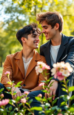 A romantic portrait of a male couple, featuring two young actors who look stylish and fashionable