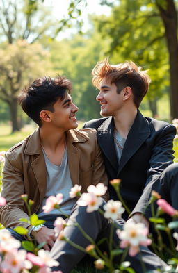 A romantic portrait of a male couple, featuring two young actors who look stylish and fashionable