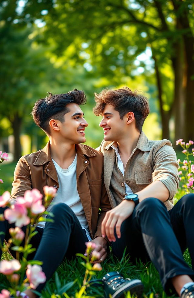 A romantic portrait of a male couple, featuring two young actors who look stylish and fashionable