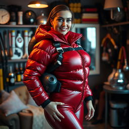 A beautiful slim woman with a curvaceous figure, dressed in a shiny red puffy cold water immersion suit that accentuates her large bust