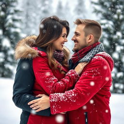 A loving couple embracing each other in a snowy winter landscape, surrounded by softly falling snowflakes