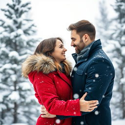 A loving couple embracing each other in a snowy winter landscape, surrounded by softly falling snowflakes