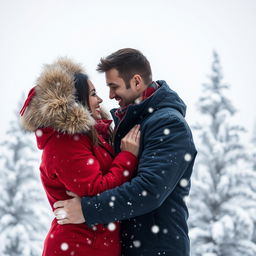 A loving couple embracing each other in a snowy winter landscape, surrounded by softly falling snowflakes