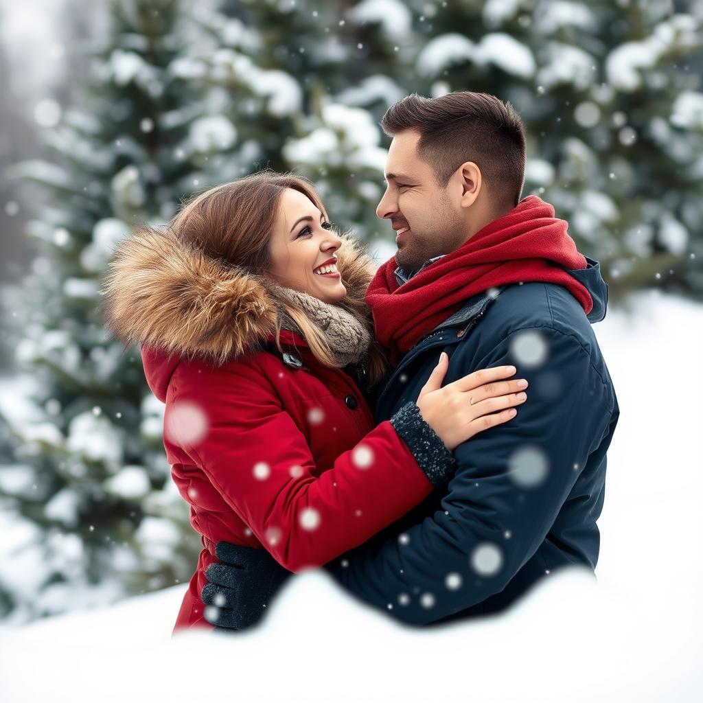 A loving couple embracing each other in a snowy winter landscape, surrounded by softly falling snowflakes