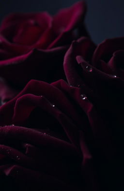 A close-up of dark red roses, their velvety petals glistening with dew drops