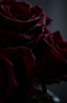 A close-up of dark red roses, their velvety petals glistening with dew drops