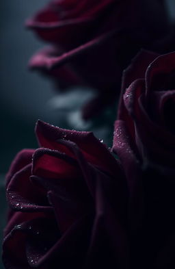 A close-up of dark red roses, their velvety petals glistening with dew drops