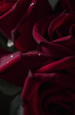 A close-up of dark red roses, their velvety petals glistening with dew drops