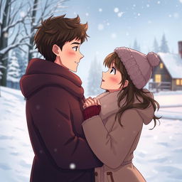 A romantic couple in love during winter, depicted in an anime style